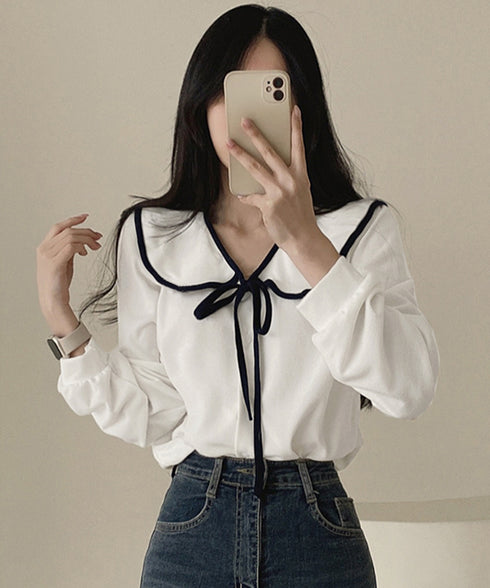 ビッグ襟ブラウス リボンタイブラウス長袖 レディース バイカラーシャツブラウス フレンチガーリー 大きめ襟トップス ゆったり韓国ファッション  着やせ 体型カバー 84WANJIA-022